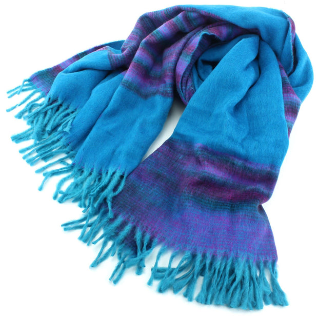 Tibetan Wool Blend Shawl Blanket - Blue with Purple Reverse