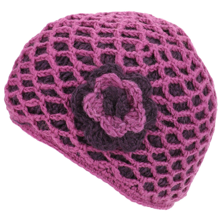 Ladies Wool Knit Crochet Lattice Beanie Hat with Flower - Pink