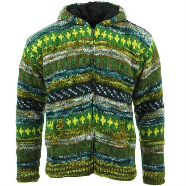 Chunky Wool Knit Abstract Pattern Hooded Cardigan Jacket (Women's Size) - 17 Green