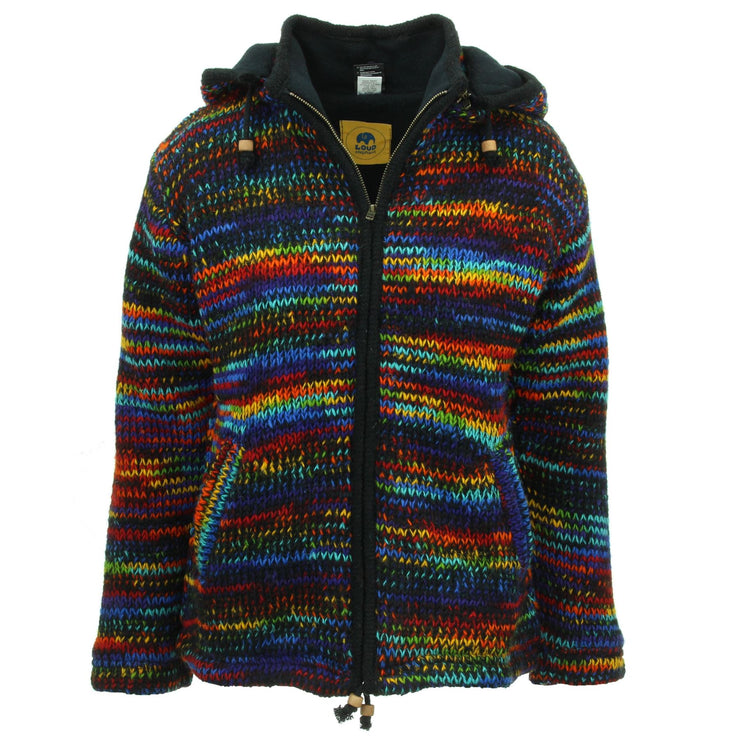 Hand Knitted Wool Hooded Jacket Cardigan Ladies Cut - SD Black Rainbow