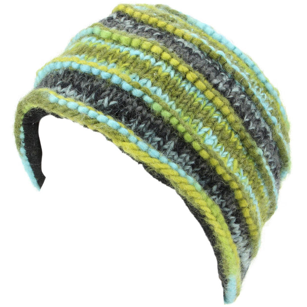 Chunky Ribbed Wool Knit Beanie Hat with Space Dye Design - Green & Blue