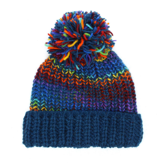 Wool Knit Beanie Bobble Hat - Blue Rainbow