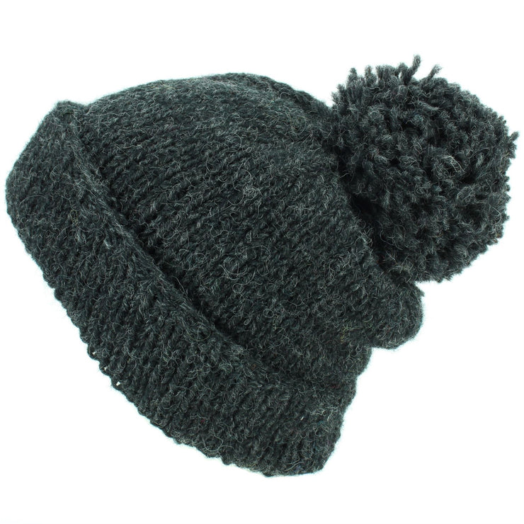 Chunky Wool Knit Baggy Slouch Beanie Bobble Hat - Charcoal