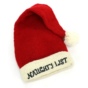 Handgestrickte Weihnachtsmütze aus Wolle – freche Liste rot