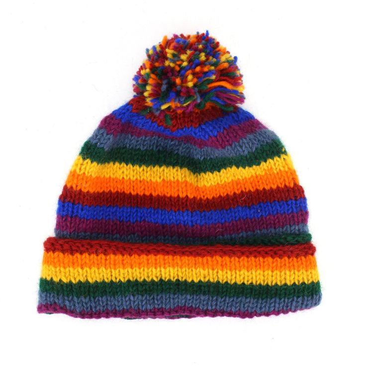 Chunky Wool Knit Beanie Bobble Hat - Stripe Rainbow