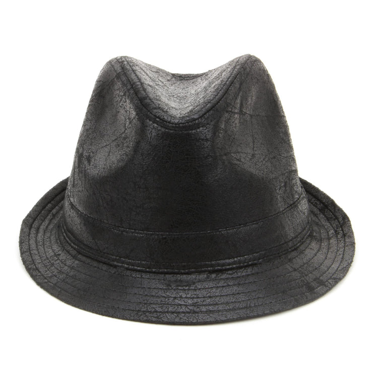 Vintage Effect Cracked Leather Trilby Hat - Black