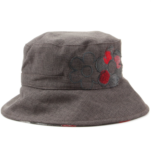 Ladies Bucket Hat with Embroidered Flower Design - Dark Grey