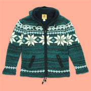 Hand Knitted Wool Hooded Jacket Cardigan - Fairisle Teal