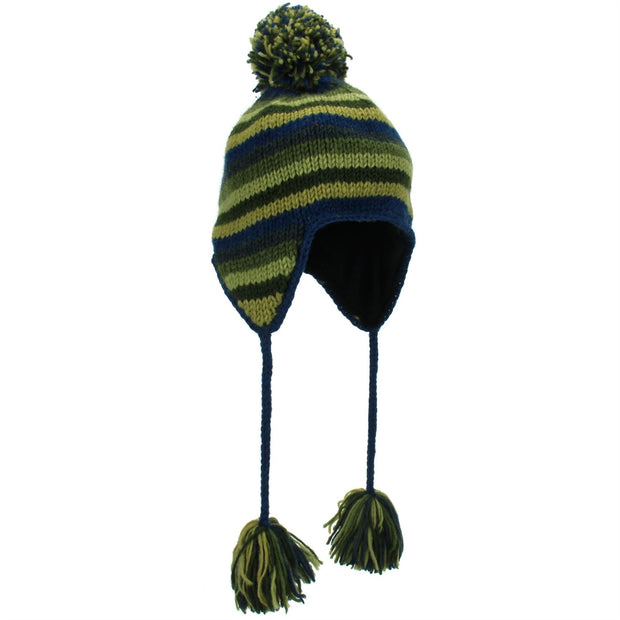 Wool Knit Earflap Bobble Hat - Stripe Blue Green