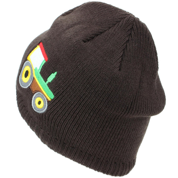 Childrens Fine Knit Beanie Hat with Embroidered Tractor - Brown