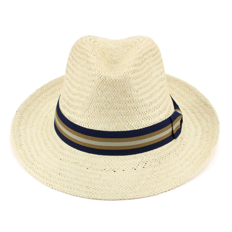 Wide Brim Straw Panama Fedora Hat - Blue & Brown