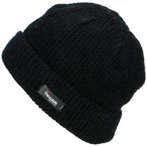 Chenille beanie hat with fleece lining - Black (One Size)