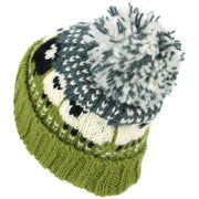 Wool Knit Bobble Beanie Hat - Sheep - Green