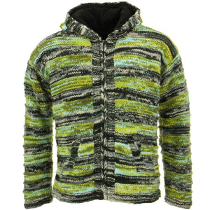 Space Dye Chunky Wool Knit Ribbed Hooded Cardigan Jacket - Green