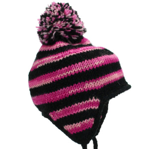 Wool Knit Earflap Bobble Hat - Stripe Black Pink SD