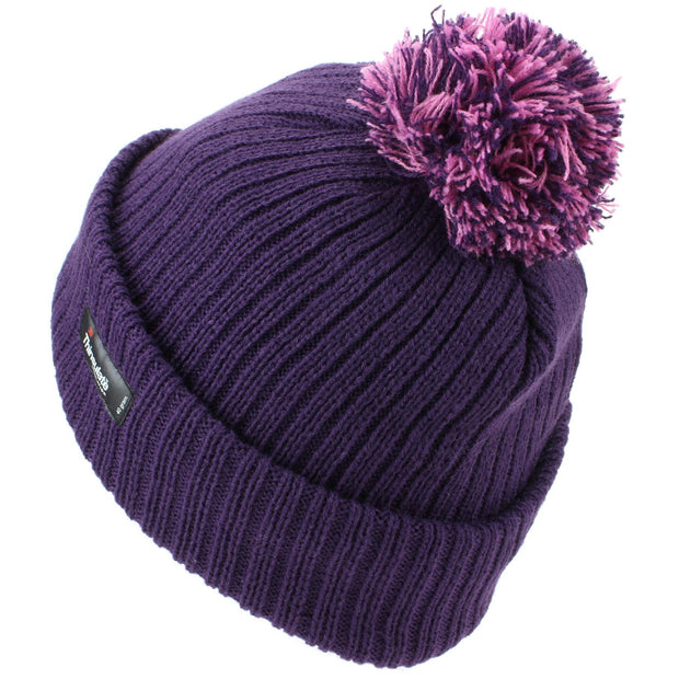 Childrens Beanie Hat with Turn-up and 2-Tone Bobble - Purple