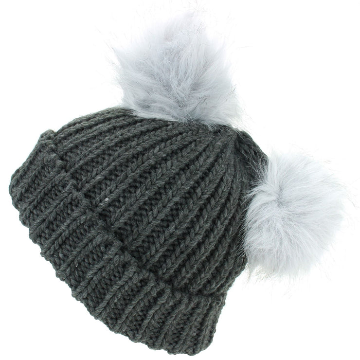 Ribbed Knit Double Bobble Beanie Hat - Charcoal