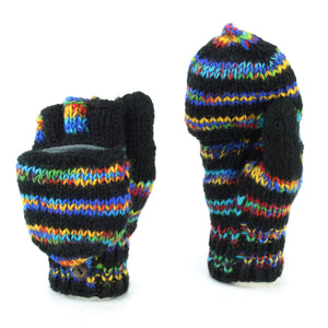 Handgestrickte Schützenhandschuhe aus Wolle – gestreift, schwarzer Regenbogen, SD