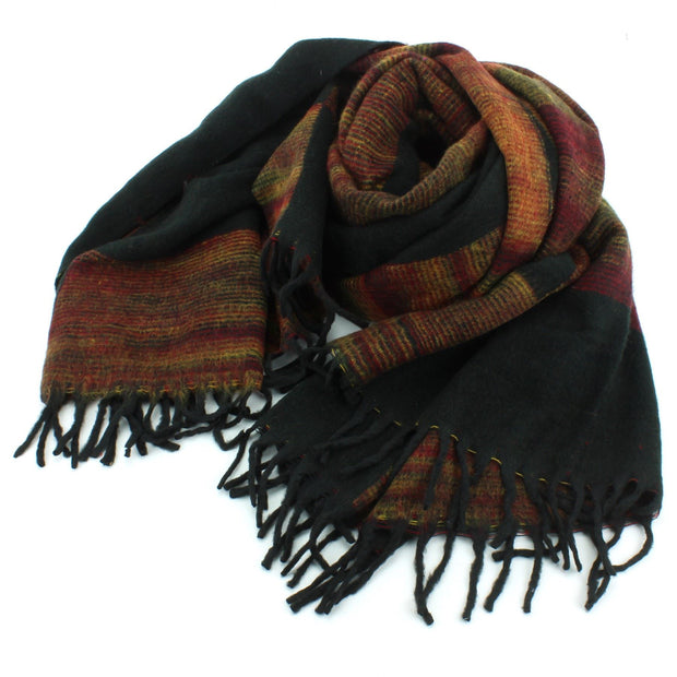 Tibetan Wool Blend Shawl Blanket - Black with Sunset Reverse