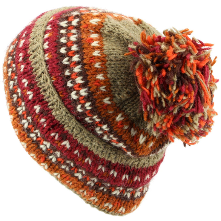 Chunky Wool Knit Baggy Slouch Beanie Bobble Hat - Rusty Brown