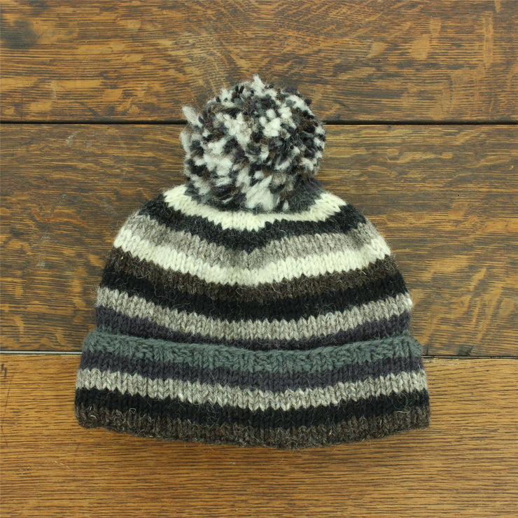Chunky Wool Knit Beanie Bobble Hat - Stripe Greys