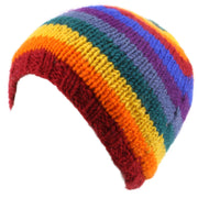 Wool knit beanie hat with fleece lining - Rainbow
