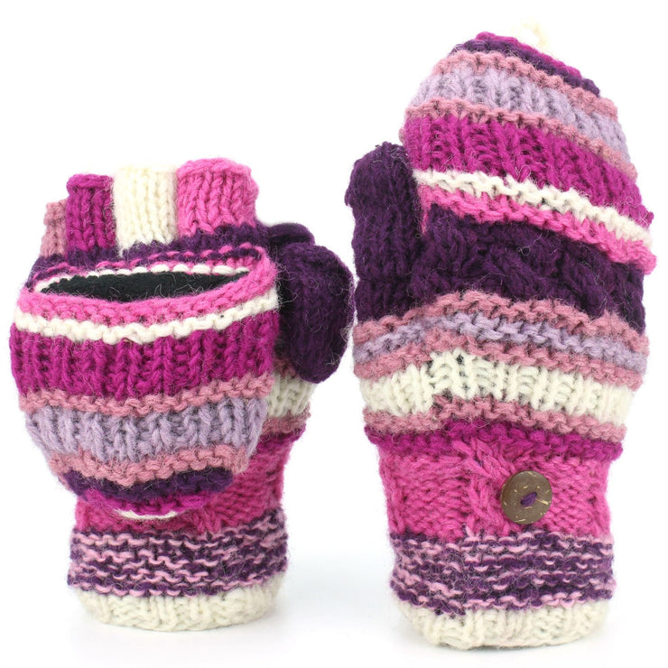 Chunky Wool Fingerless Shooter Gloves - Striped Mixed Knits - Pink Purple