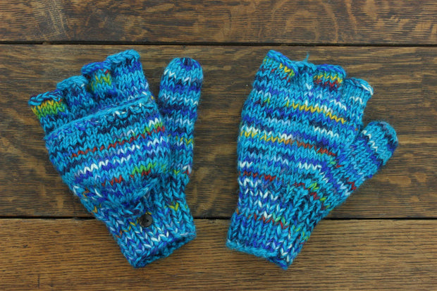 Hand Knitted Wool Shooter Gloves - SD Bright Blue Mix