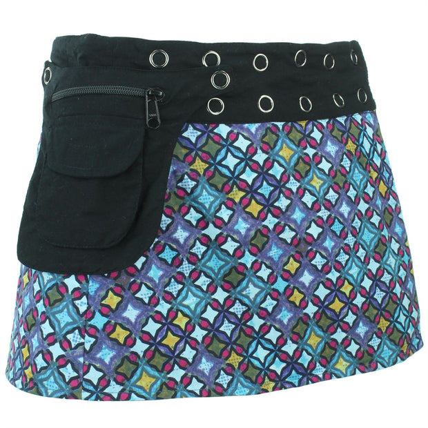 Reversible Popper Wrap Children's Size Mini Skirt - Blue Patch Strips / Diamond Block