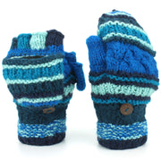 Chunky Wool Fingerless Shooter Gloves - Striped Mixed Knits - Blue