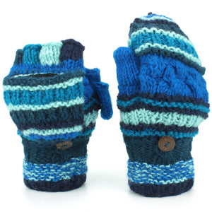 Gants de tir sans doigts en laine épaisse - tricots mélangés rayés - bleu