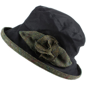 Chapeau cloche en cire imperméable pour femme avec rose en tweed et bord – Noir (Tweed vert foncé)