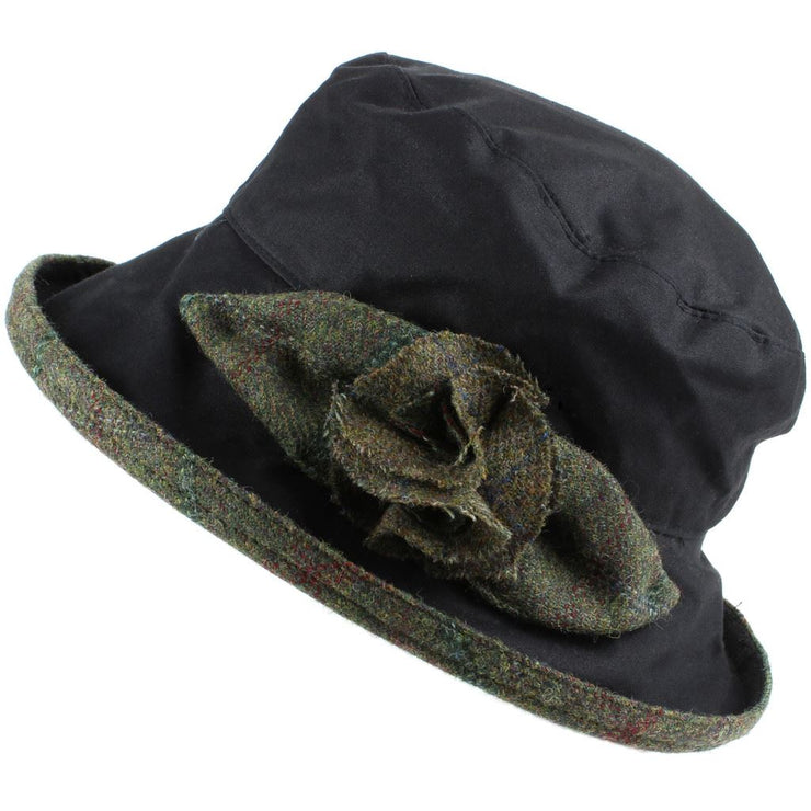Ladies Waterproof Wax Cloche Hat with Tweed Rose and Brim - Black (Dark Green Tweed)