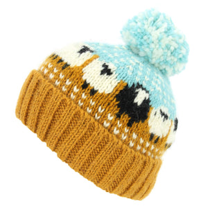 Bonnet en laine tricoté à la main - mouton - bleu clair orange