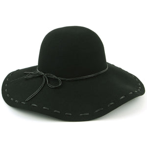 100% Wool felt wide brim floppy hat with cord band - Black (57cm)