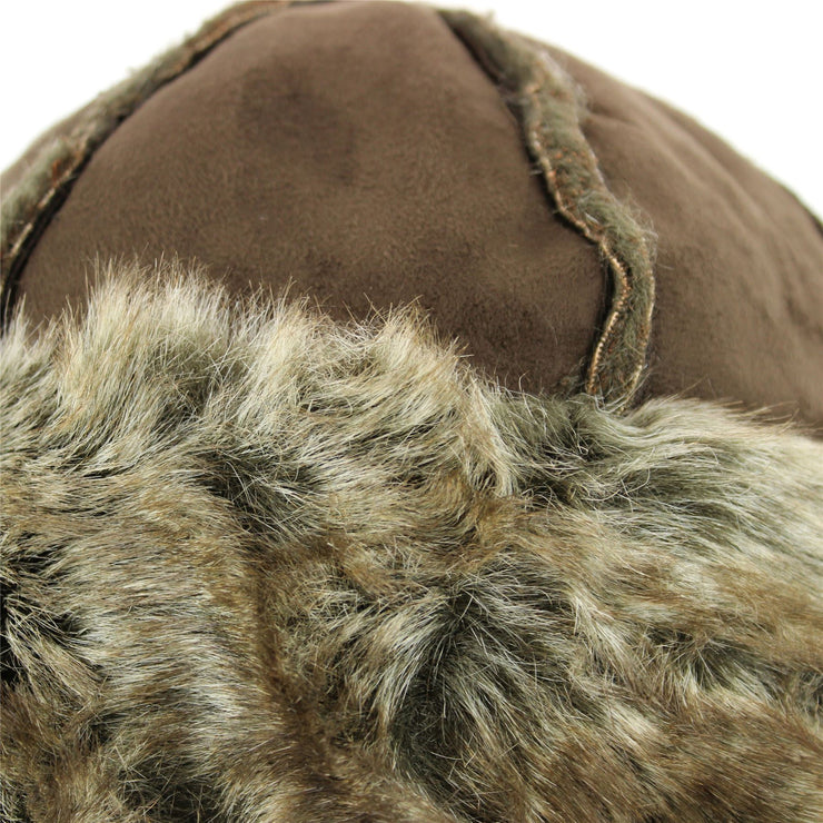 Suede Effect Hat and Faux Fur Cuff and Lining - Brown