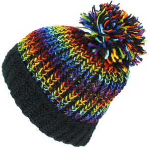 Bonnet à pompon en tricot de laine - arc-en-ciel noir