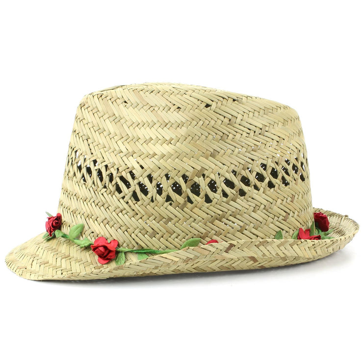 Straw Trilby Fedora Hat with Flower Garland Band