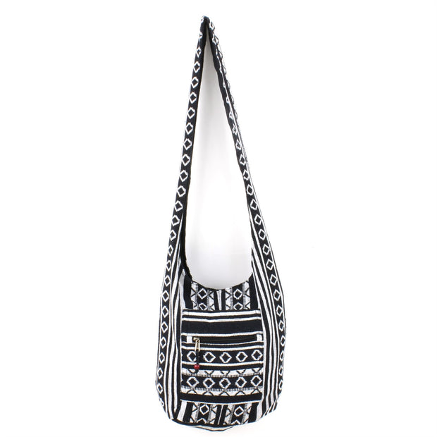 Diamond Pattern Canvas Sling Shoulder Bag - Black White