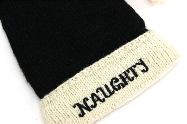 Hand Knitted Wool Christmas Beanie Hat - Naughty Black