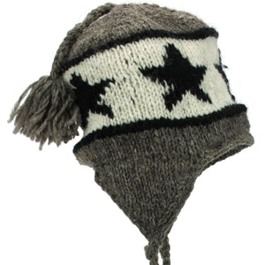 Wool Knit Earflap Tassel Hat - Star Grey