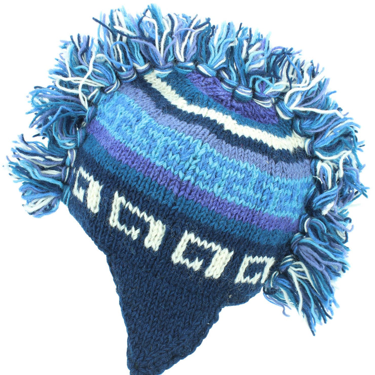 Wool Knit 'Punk' Mohawk Earflap Beanie Hat - Blue & White