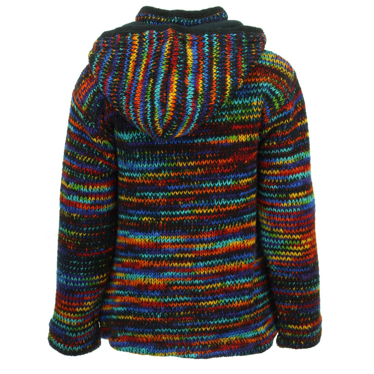 Hand Knitted Wool Hooded Jacket Cardigan Ladies Cut - SD Black Rainbow