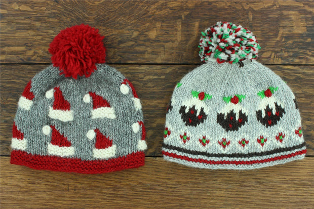 Hand Knitted Wool Beanie Bobble Hat - Christmas Puddings