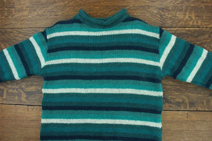 Hand Knitted Wool Jumper - Stripe Teal