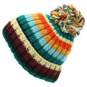 Hand Knitted Wool Beanie Bobble Hat - Stripe Retro D