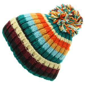 Bonnet à pompon en laine tricoté à la main - rayure rétro d
