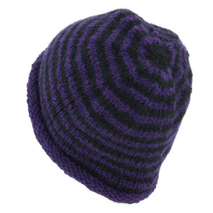 Hand Knitted Wool Beanie Hat - Stripe Purple Black