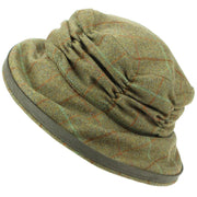 Ladies Wool Tweed Cloche Hat with a Ruched Crown - Dark Green