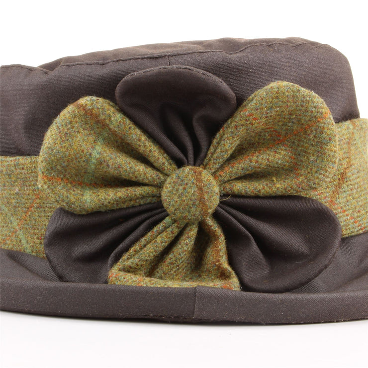 Ladies Wax Hat with Tweed Band and Flower - Brown